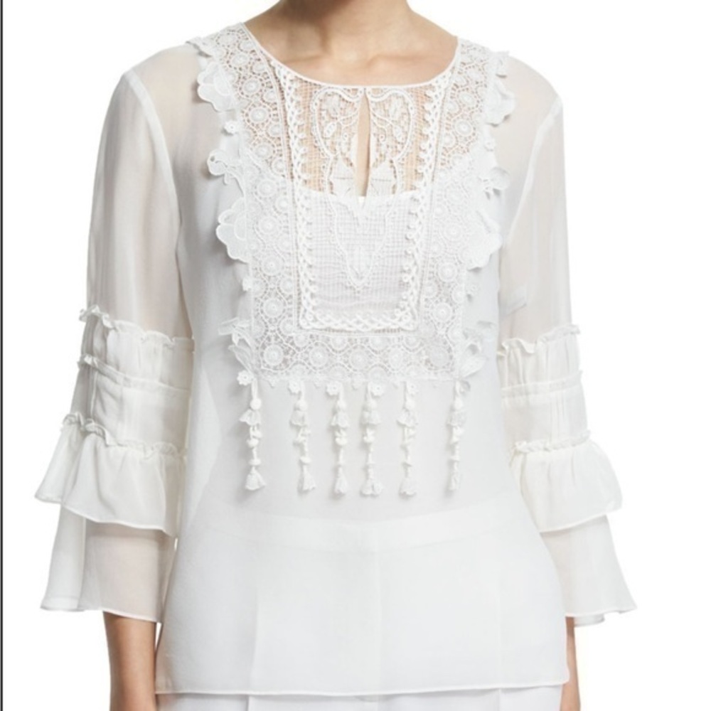 Elie Tahari Una 3/4 Sleeve Macrame Bib Lace Blouse S